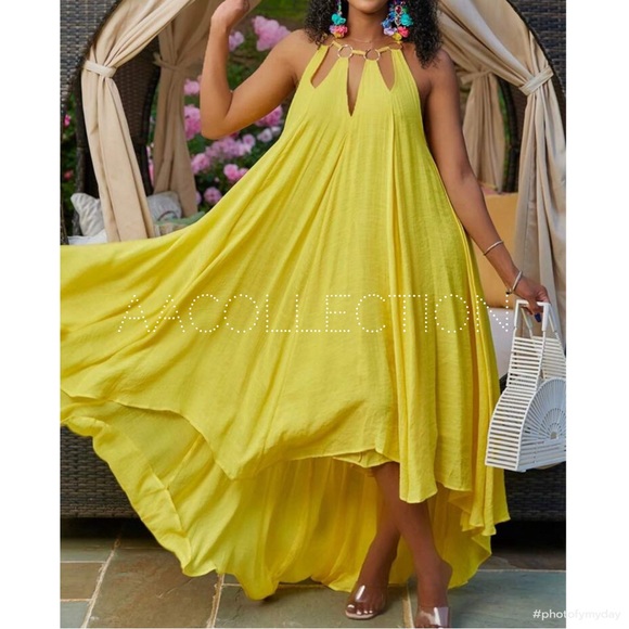 Dresses & Skirts - Boho Plus Size Backless Open Neck Halter Neck Cut Out A Line Maxi Dress Yellow